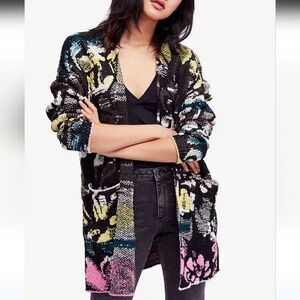 Free People Think Twice Printed Cardigan Black Pink Green Yellow Size M